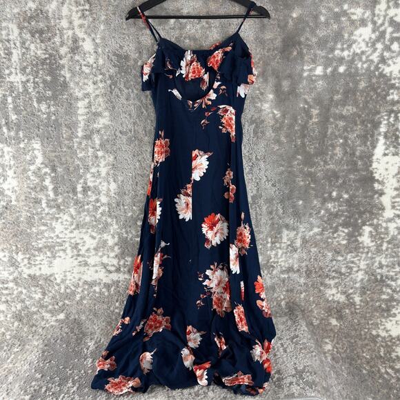 Band Of Gypsies Size XS Dark Floral Fit Flared Midi Dress Navy Sleeveless Button - Picture 4 of 9